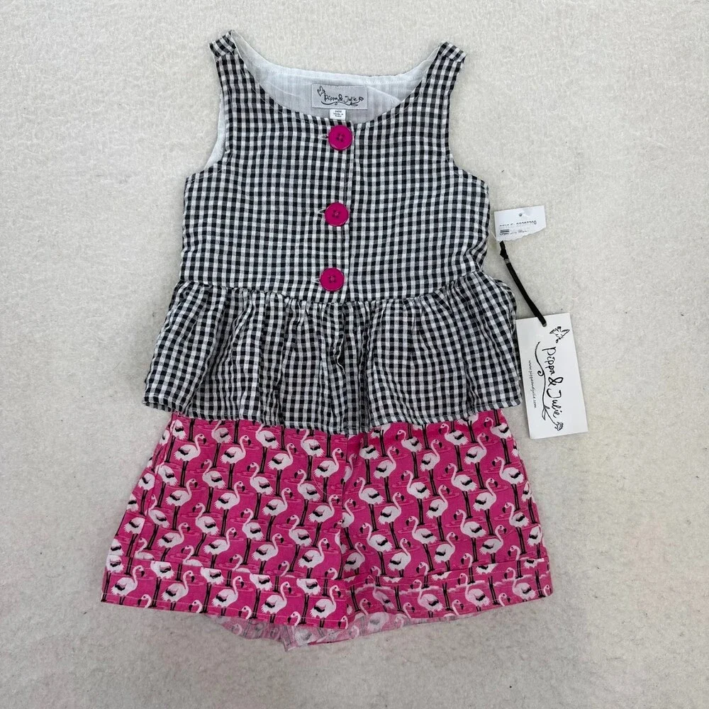 Pippa & Julie Girls Black and White Checkered Pink Flamingo Print Short Set 24M